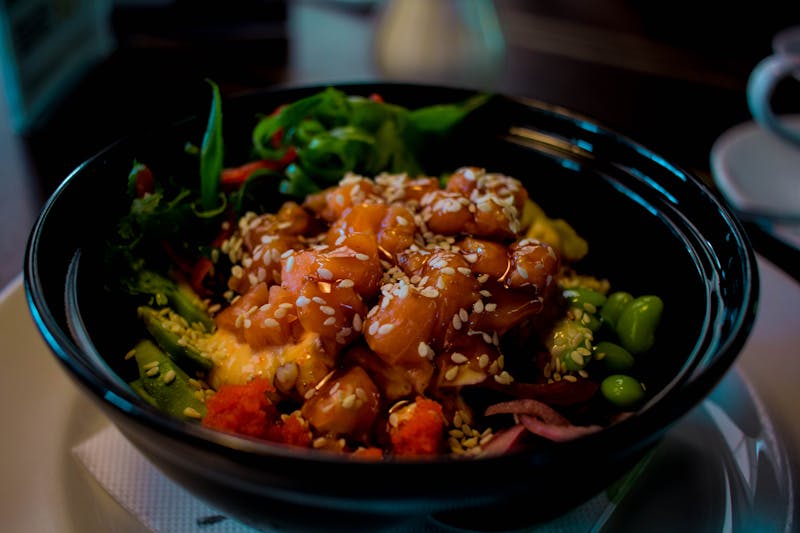 Salmon teriyaki grain bowl with brown rice